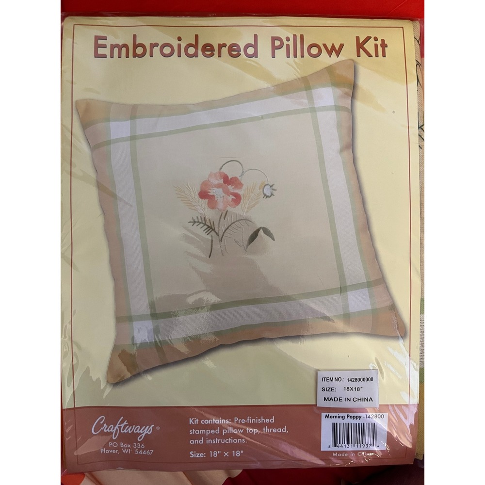 Craftways Morning Poppy Embroidered Pillow Kit 18x18 Stamped Floral Plaid